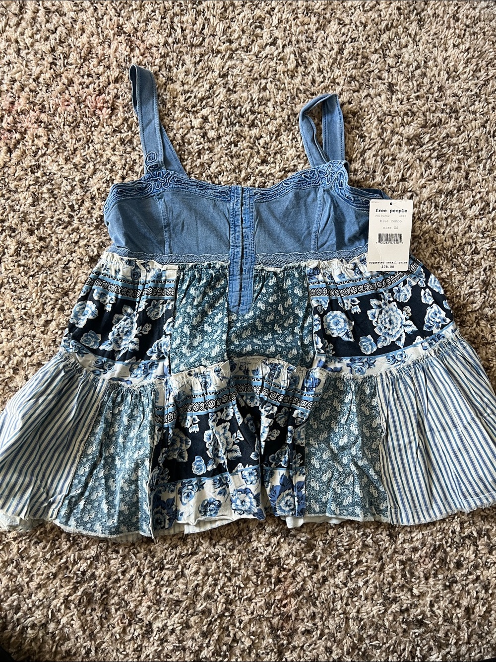 Free People Blue Patchwork Floral Tiered Tank, XS